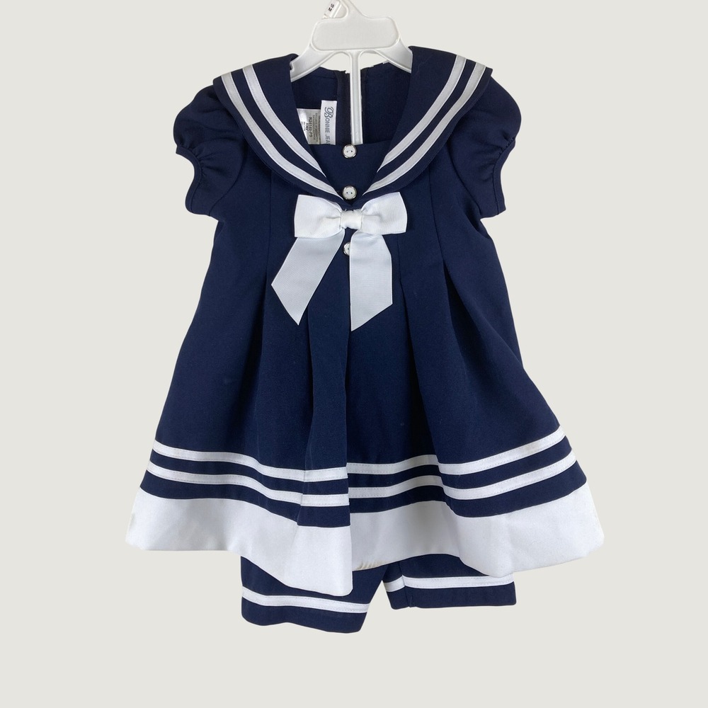 Bonnie Jean Sailor Dress Set Toddler 2T Navy Blue Nautical Bow Stripe Patriotic